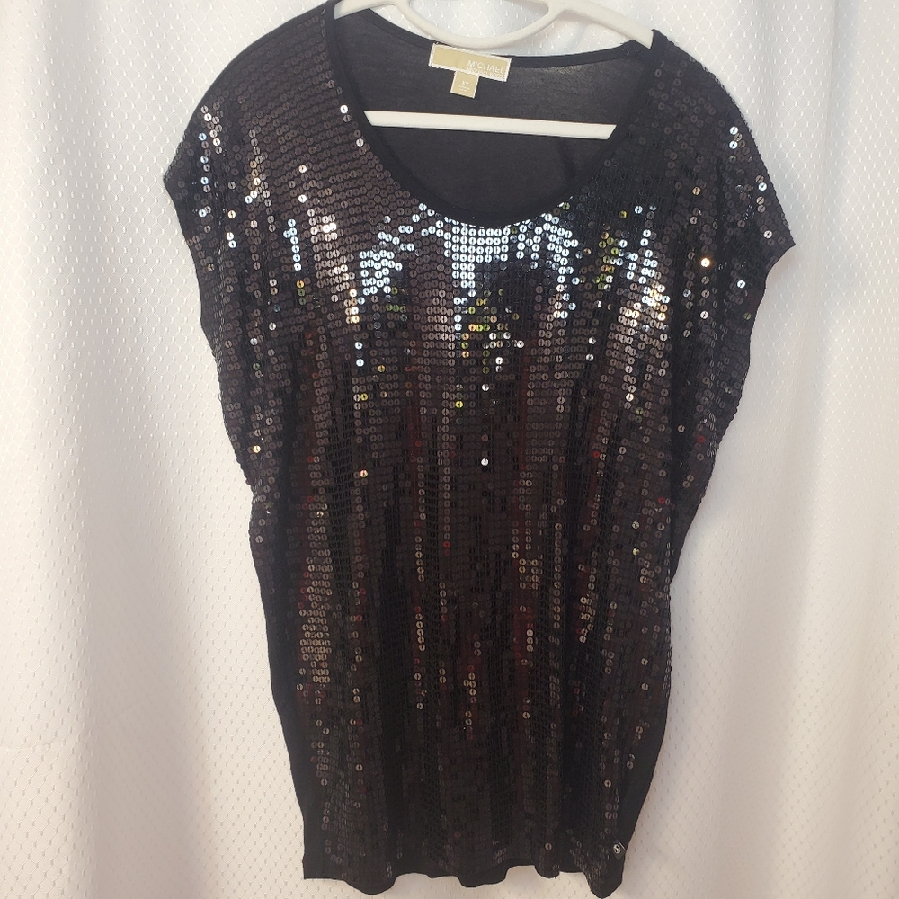 Michael Kors Black Sequin Top, 100% Cotton Oversized XS Preppy Festival Holiday